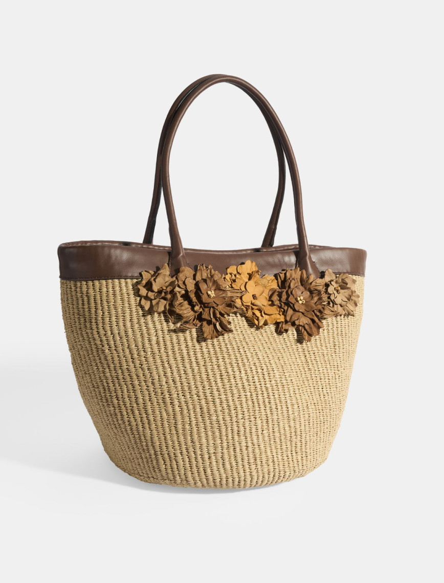 Kadın Kahve Turuncu Çiçek Detaylı Hasır Omuz Çantası Kadın Kahve Turuncu Çiçek Detaylı Hasır Omuz Çantası