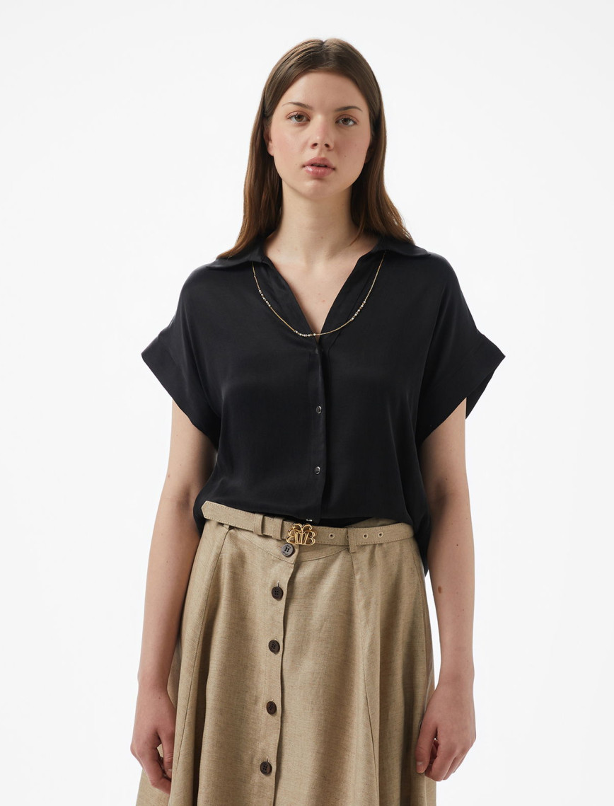 Brooks Brothers Düşük Omuz Metal Çıtcıtlı Kısa Kol Cupro Kadın Siyah Gömlek Brooks Brothers Düşük Omuz Metal Çıtcıtlı Kısa Kol Cupro Kadın Siyah Gömlek