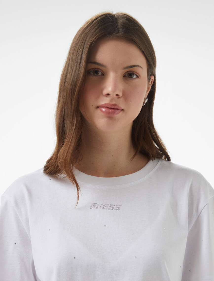 Guess Primula Rhinestones Kadın Beyaz T-Shirt Guess Primula Rhinestones Kadın Beyaz T-Shirt