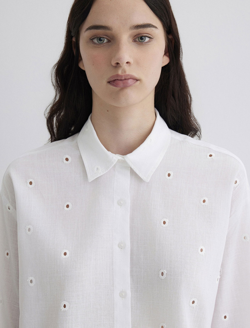 Mavi Delilkli Beyaz Gömlek Oversize / Geniş Kesim 1210839-70057