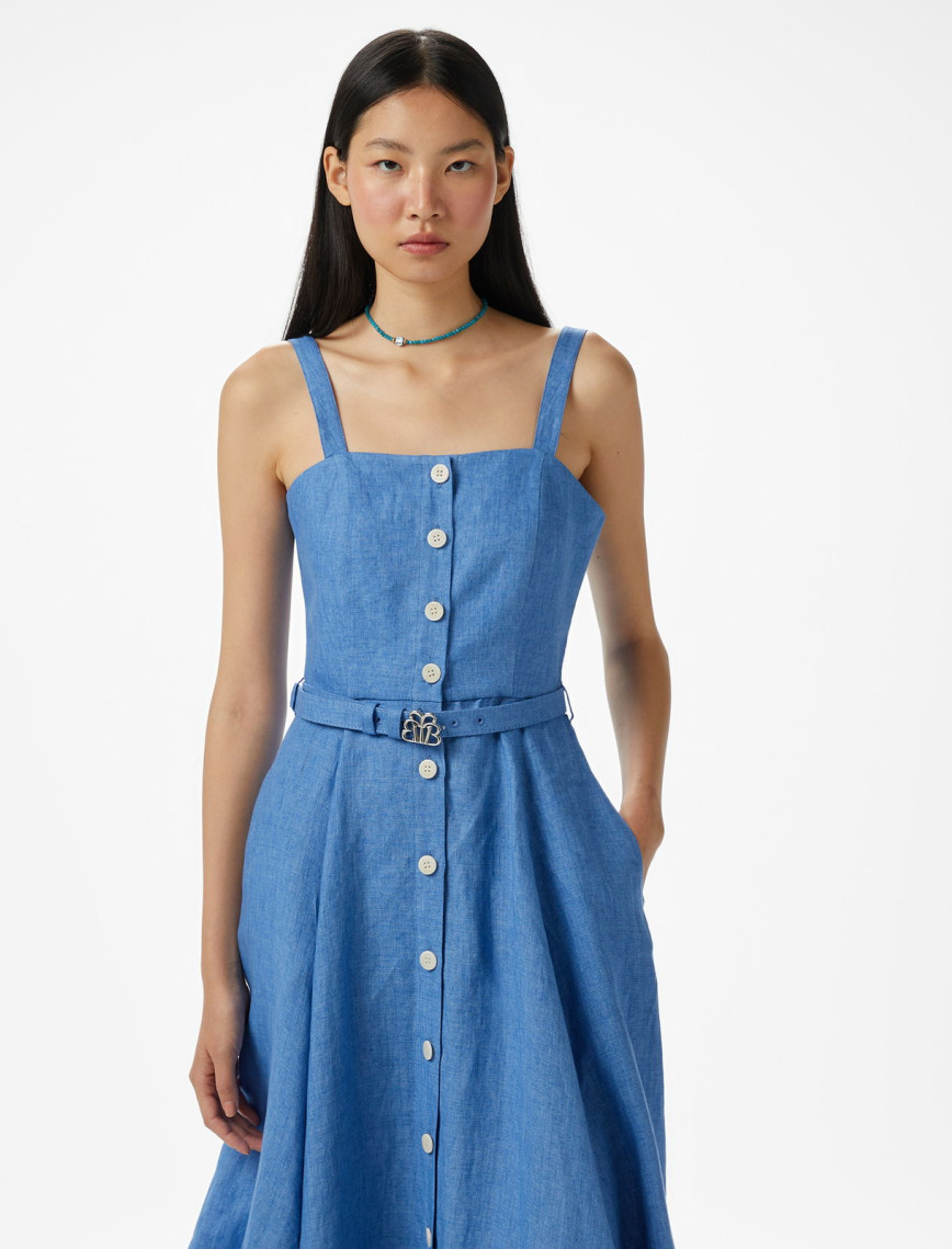 Brooks Brothers %100 Keten Kalın Askılı Midi Boy Yırtmaçlı Kadın Mavi Elbise Brooks Brothers %100 Keten Kalın Askılı Midi Boy Yırtmaçlı Kadın Mavi Elbise