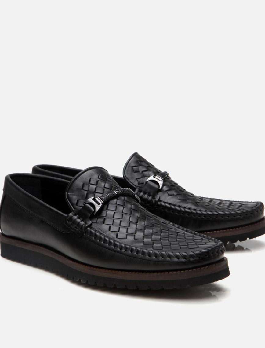 Erkek Deri Siyah Hafif Tabanlı Toka Detaylı Loafer