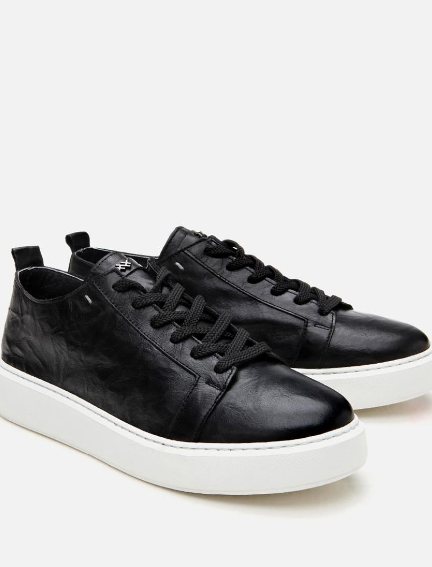 Erkek Deri Siyah Hafif Tabanlı Spor Ayakkabı