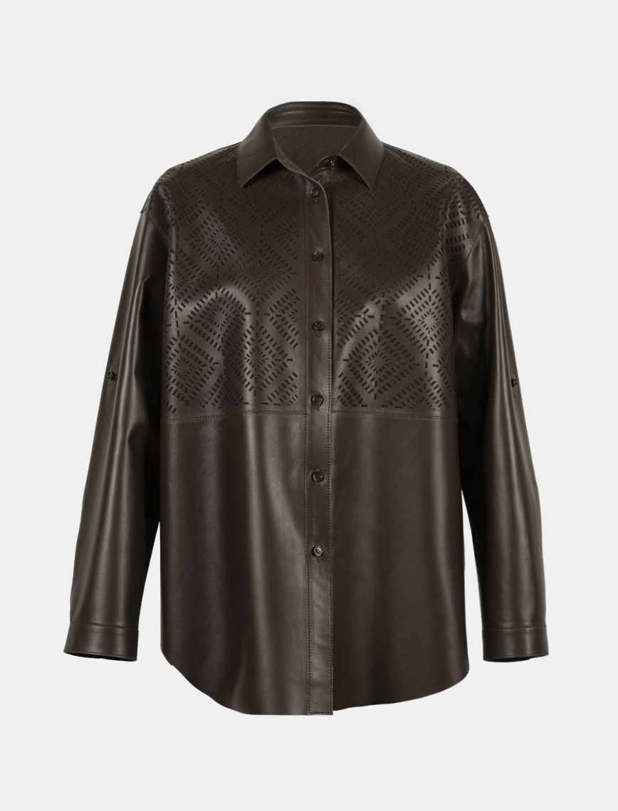 Kadın Kahve Lazer Kesimli Geometrik Desenli Deri Gömlek Kadın Kahve Lazer Kesimli Geometrik Desenli Deri Gömlek