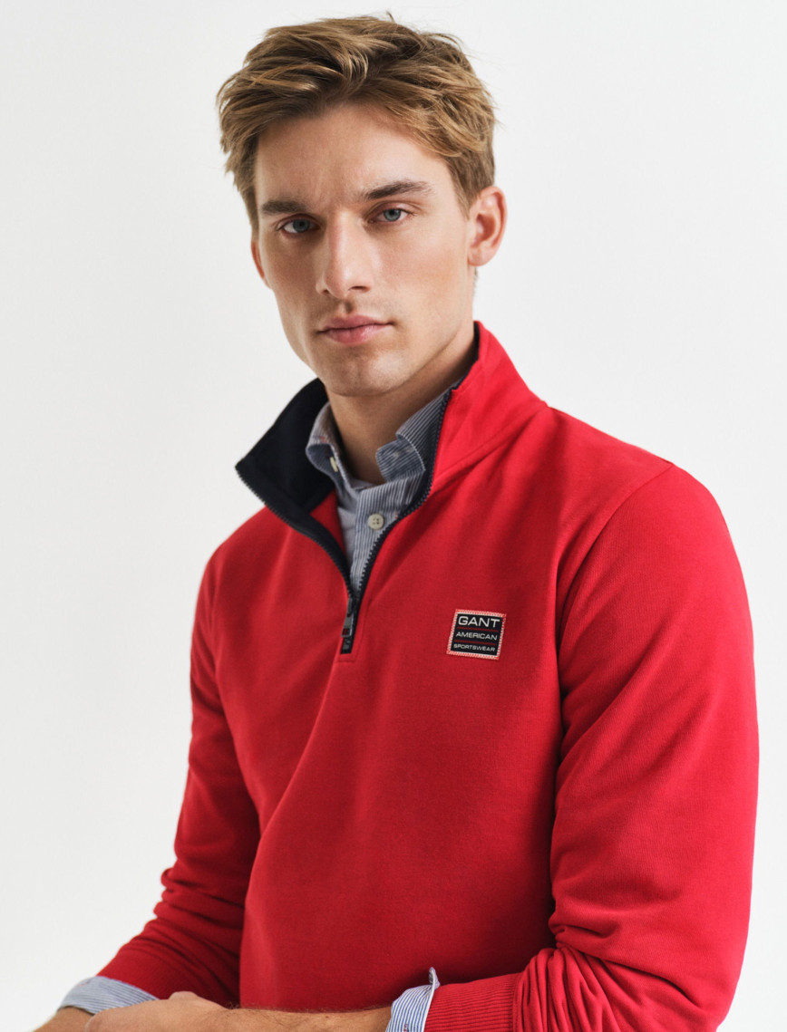 GANT Erkek Kırmızı Regular Fit Yarım Fermuarlı Logolu Sweatshirt GANT Erkek Kırmızı Regular Fit Yarım Fermuarlı Logolu Sweatshirt