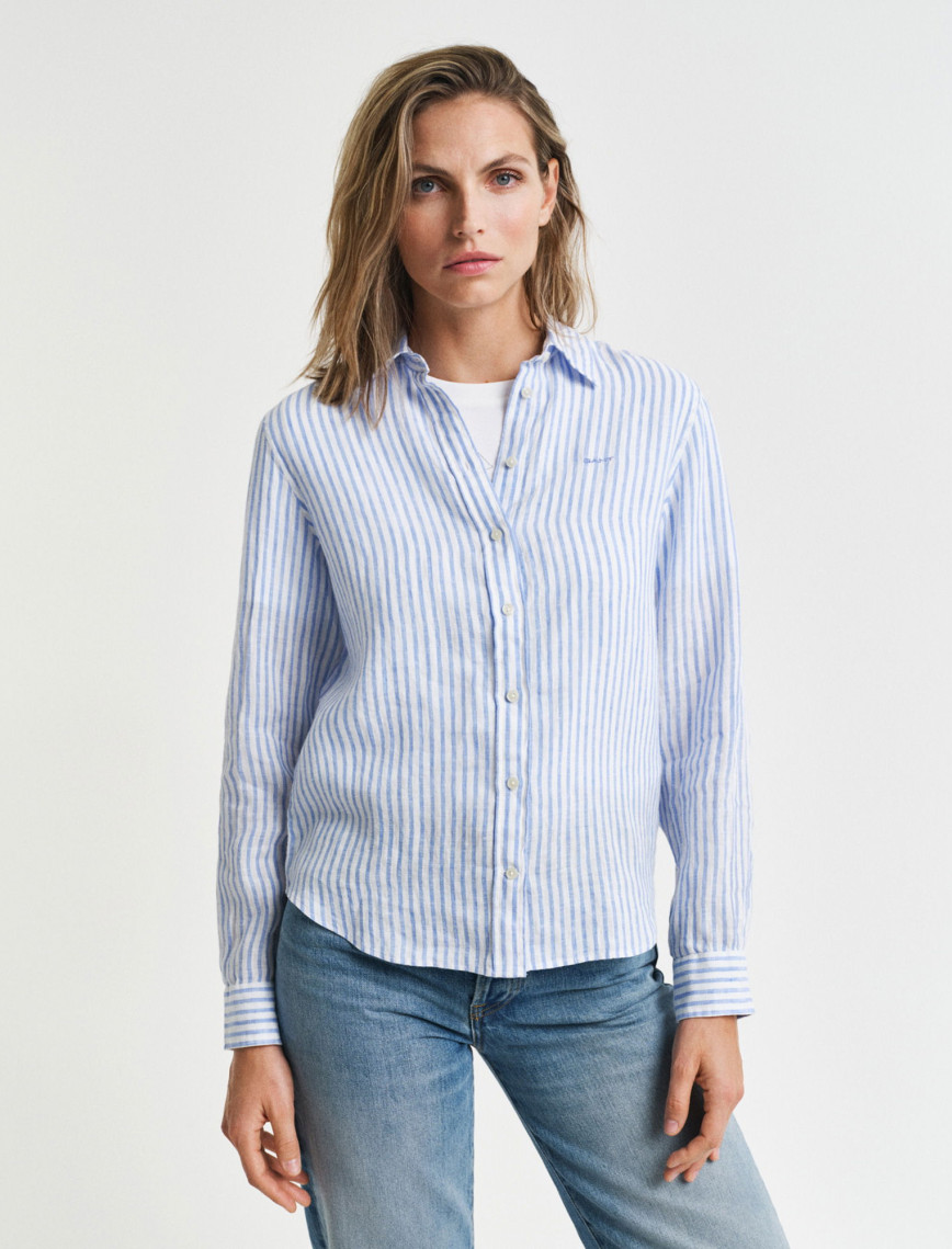GANT Kadın Mavi Regular Fit Klasik Yaka Çizgili Keten Gömlek GANT Kadın Mavi Regular Fit Klasik Yaka Çizgili Keten Gömlek