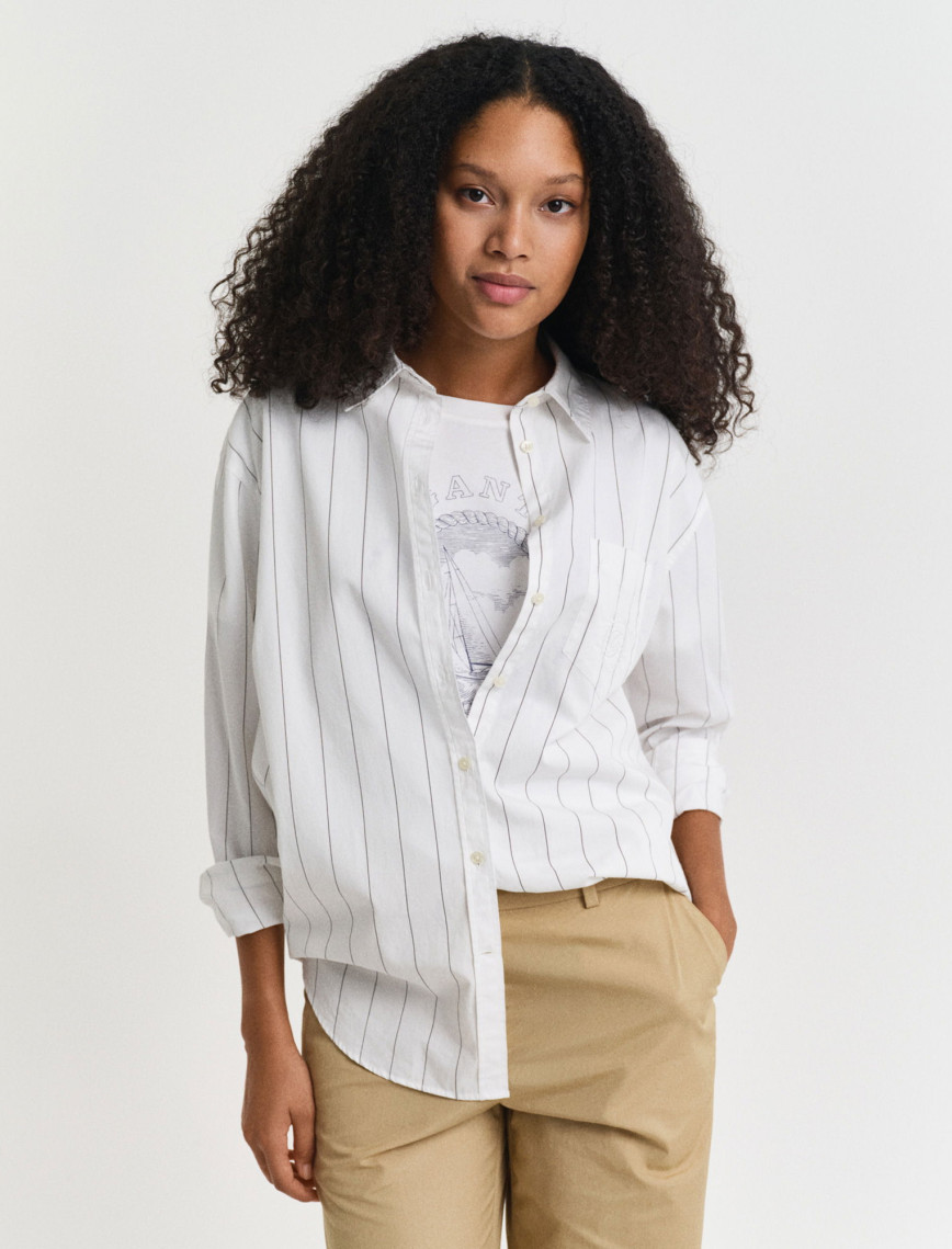 GANT Kadın Beyaz Relaxed Fit Klasik Yaka Çizgili Gömlek GANT Kadın Beyaz Relaxed Fit Klasik Yaka Çizgili Gömlek