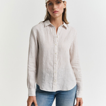 GANT Kadın Bej Regular Fit Klasik Yaka Çizgili Keten Gömlek