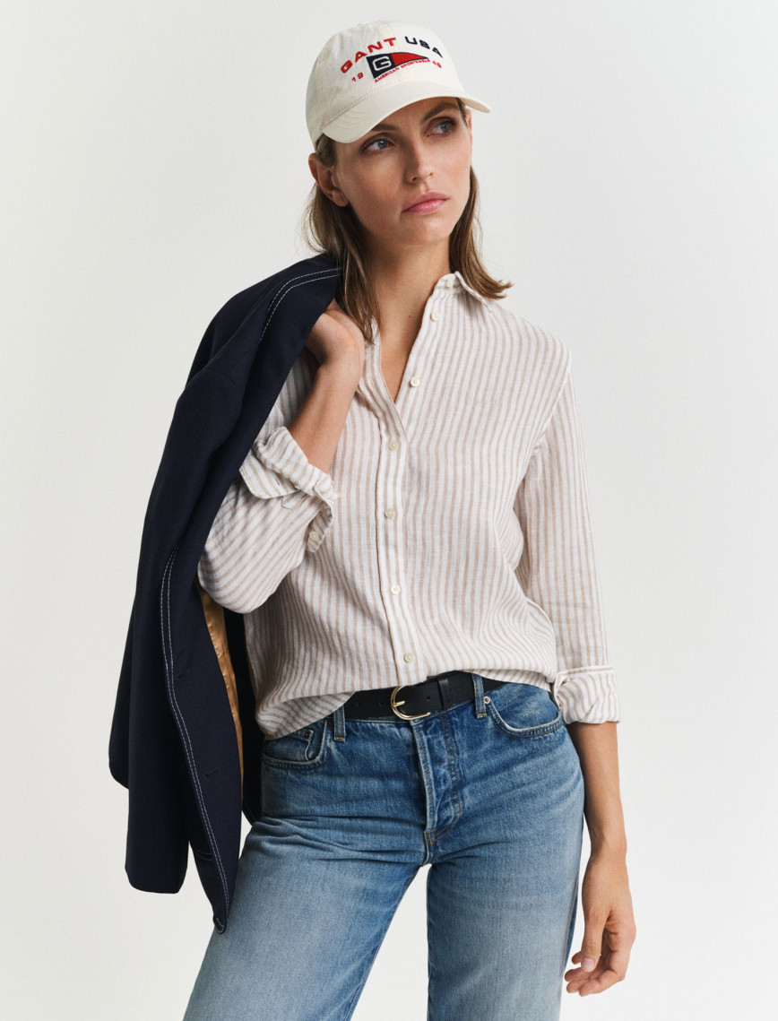 GANT Kadın Bej Regular Fit Klasik Yaka Çizgili Keten Gömlek GANT Kadın Bej Regular Fit Klasik Yaka Çizgili Keten Gömlek