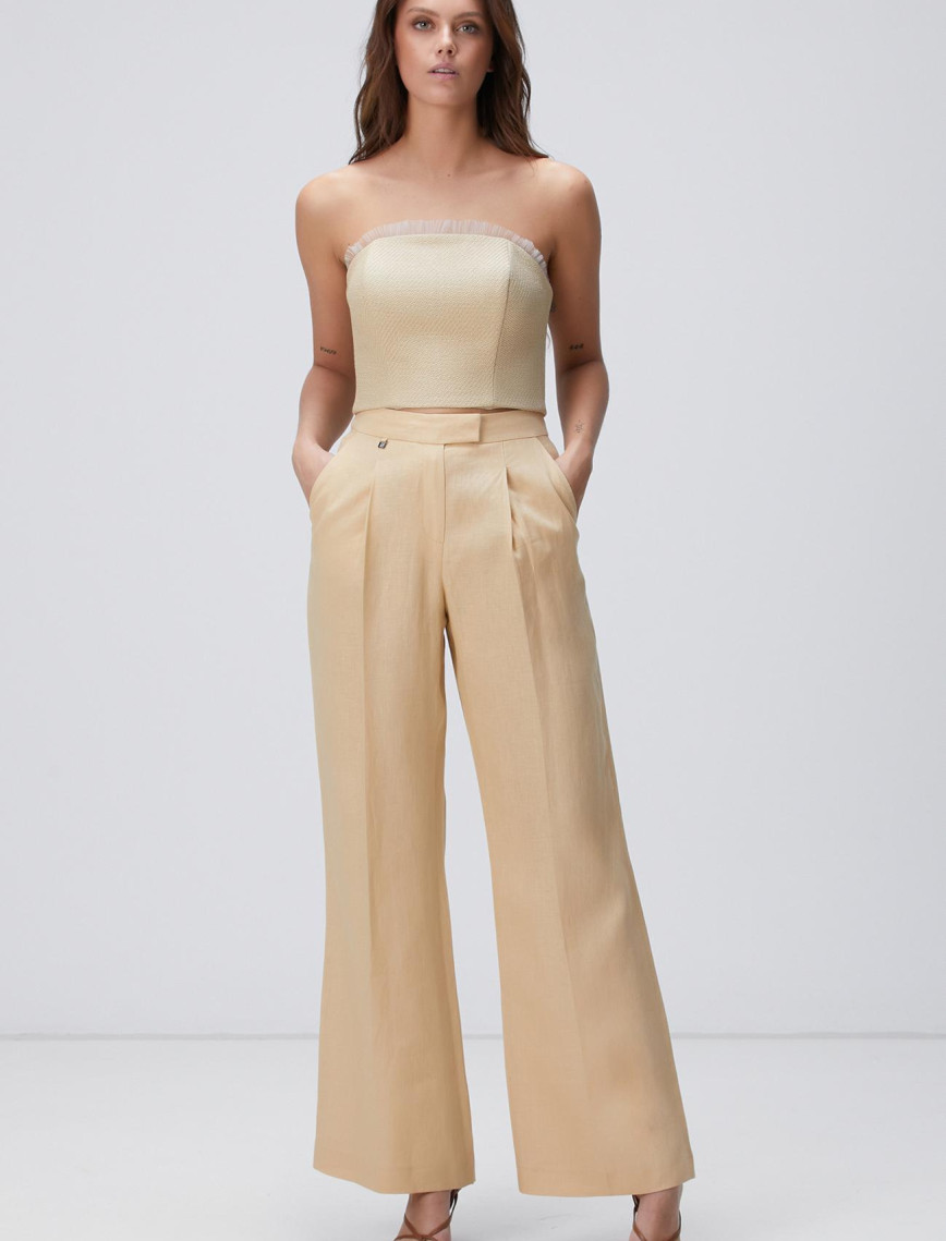 Network Kadın Bej Keten Pantolon