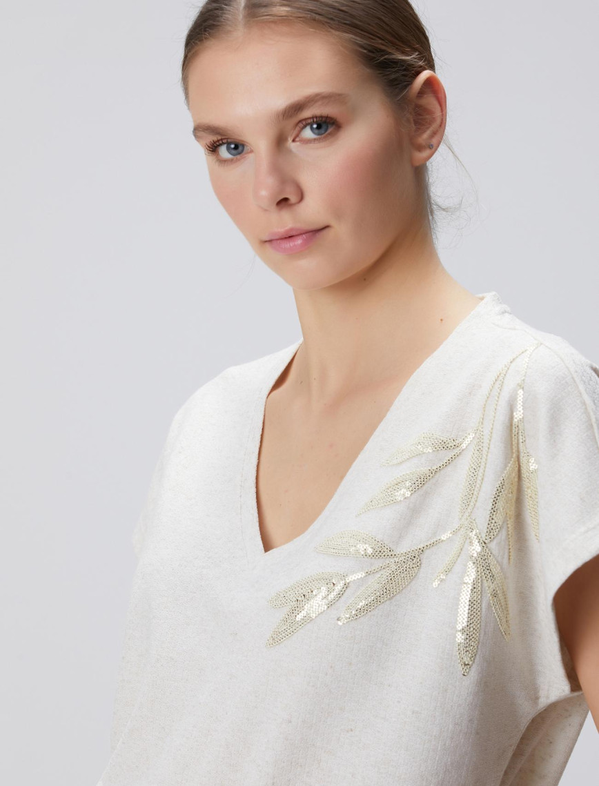 Network Kadın Bej Keten Karışımlı T-shirt Network Kadın Bej Keten Karışımlı T-shirt