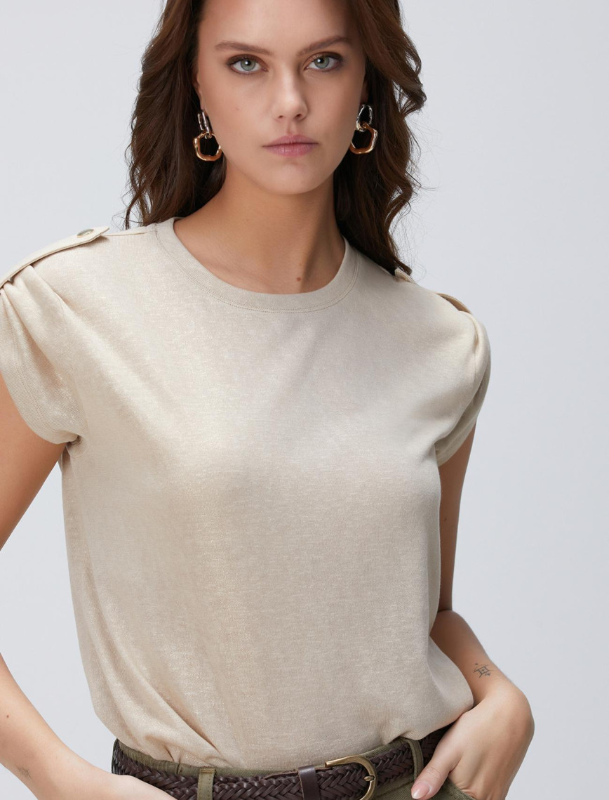 Network Kadın Bej Apoletli Varak Baskılı T-shirt Network Kadın Bej Apoletli Varak Baskılı T-shirt