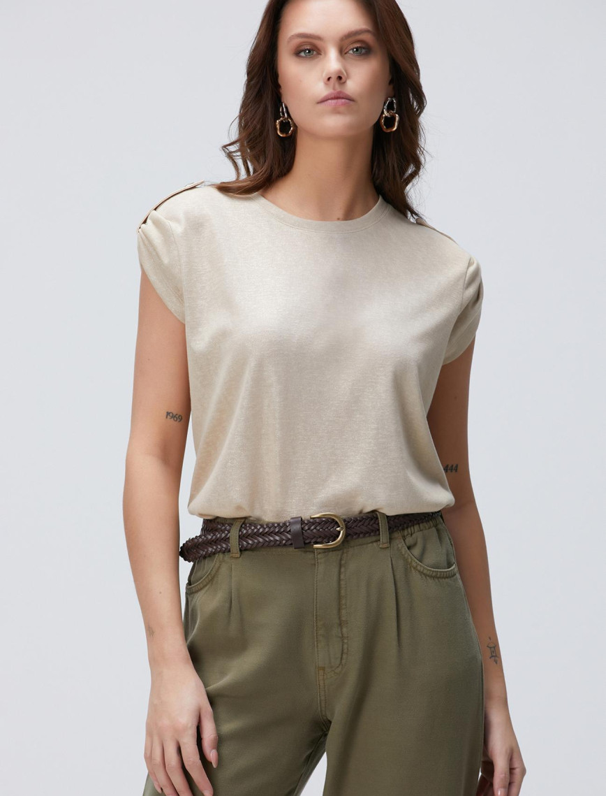 Network Kadın Bej Apoletli Varak Baskılı T-shirt Network Kadın Bej Apoletli Varak Baskılı T-shirt