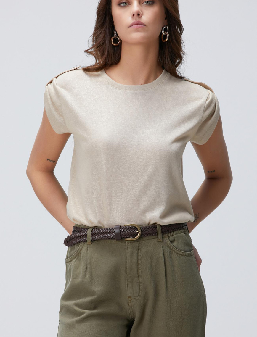 Network Kadın Bej Apoletli Varak Baskılı T-shirt Network Kadın Bej Apoletli Varak Baskılı T-shirt