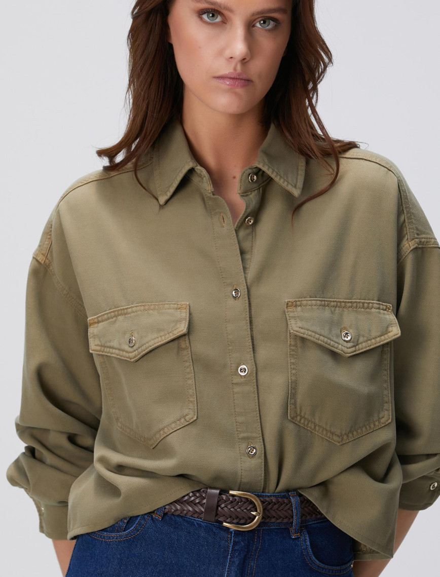 Network Kadın Haki Tencel Karışımlı Denim Gömlek Network Kadın Haki Tencel Karışımlı Denim Gömlek