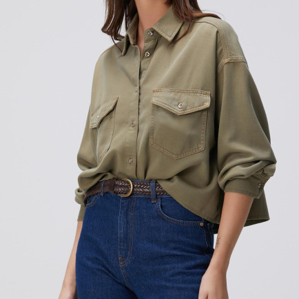 Network Kadın Haki Tencel Karışımlı Denim Gömlek Network Kadın Haki Tencel Karışımlı Denim Gömlek