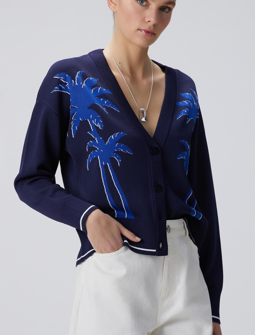 Network Kadın Lacivert Palmiye Desenli Hırka Network Kadın Lacivert Palmiye Desenli Hırka