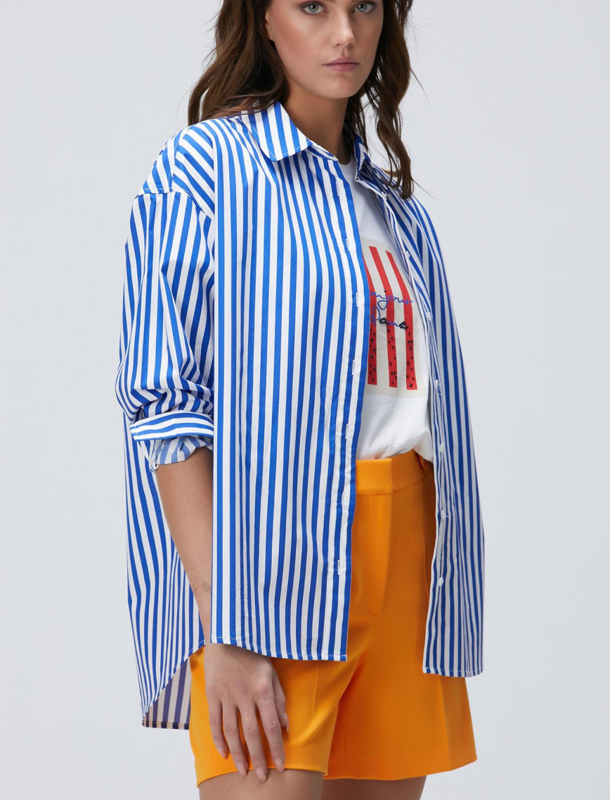 Network Kadın Saks Çizgili Gömlek Network Kadın Saks Çizgili Gömlek