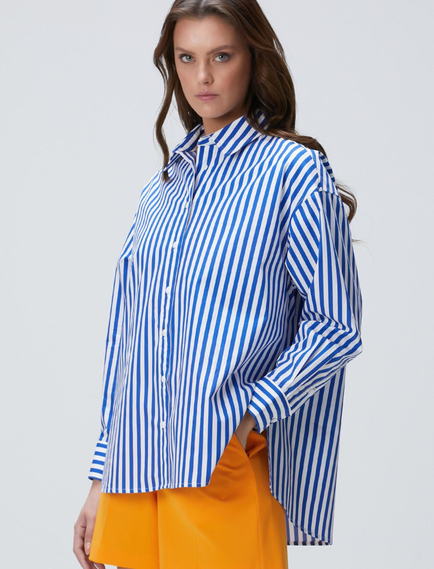 Network Kadın Saks Çizgili Gömlek Network Kadın Saks Çizgili Gömlek