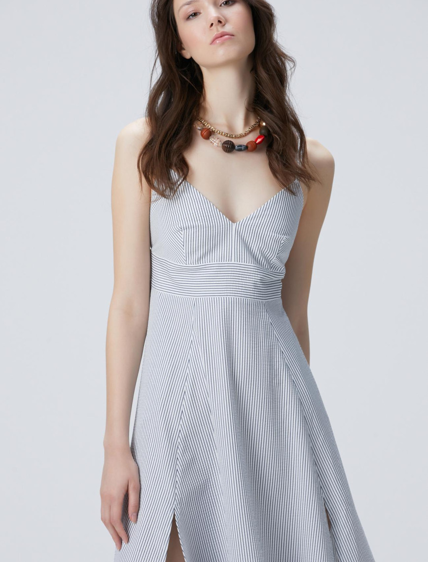 Network Kadın Lacivert Kırık Beyaz Çizgili Midi Elbise