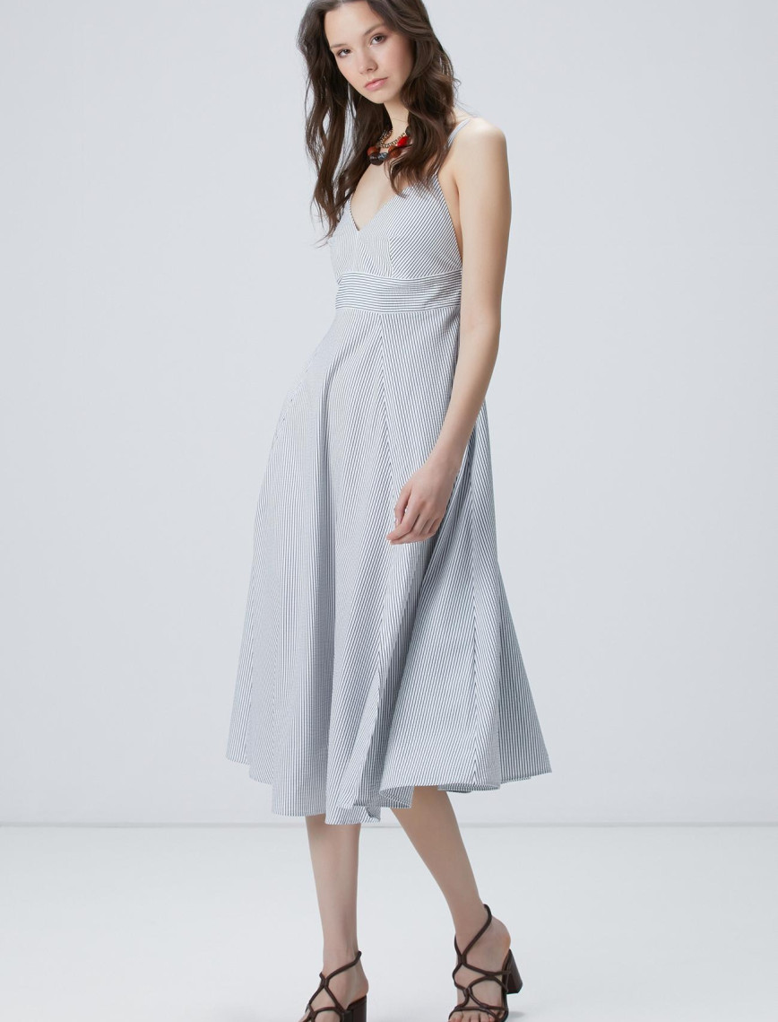 Network Kadın Lacivert Kırık Beyaz Çizgili Midi Elbise