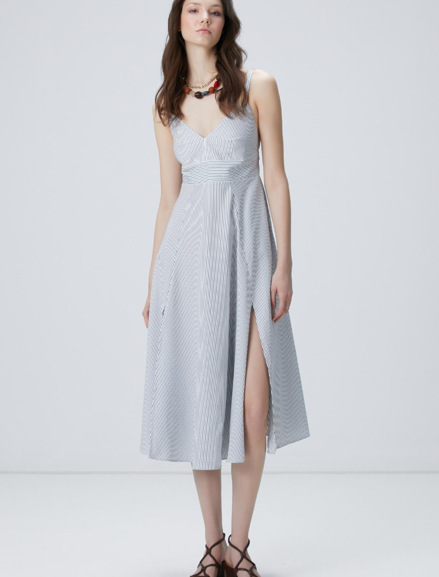 Network Kadın Lacivert Kırık Beyaz Çizgili Midi Elbise