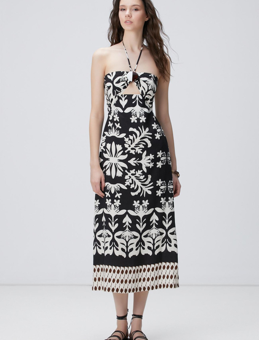 Network Kadın Siyah Beyaz Desenli Keten Midi Elbise