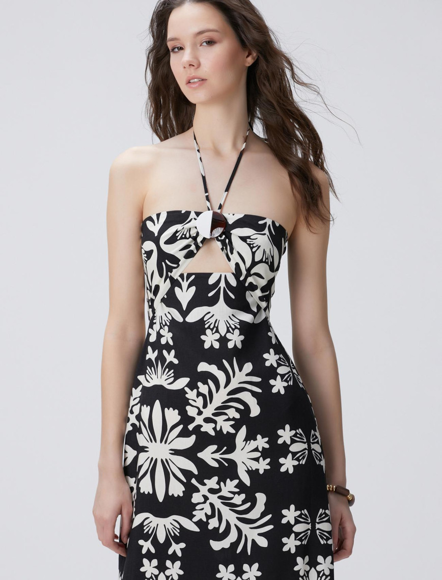 Network Kadın Siyah Beyaz Desenli Keten Midi Elbise