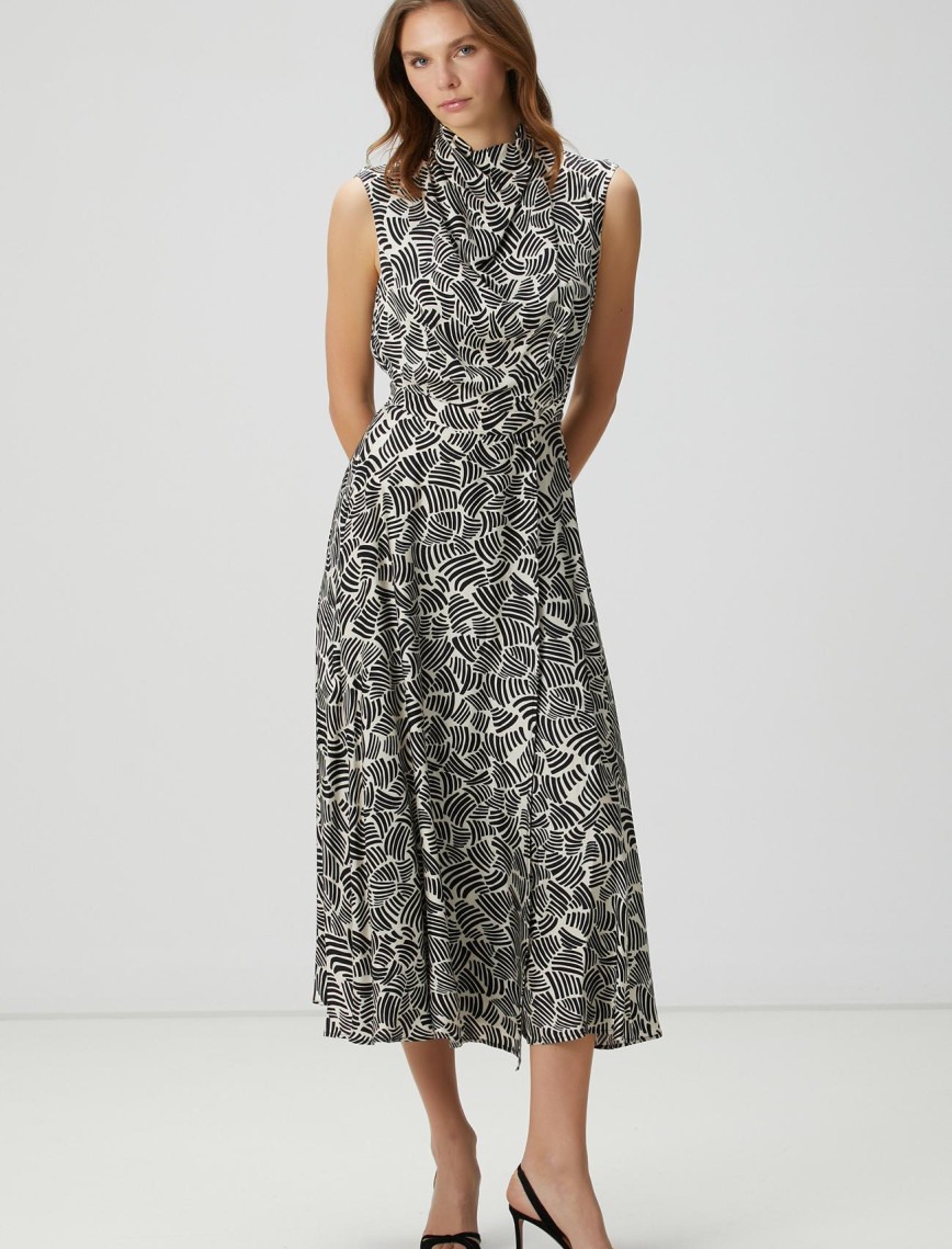 Network Kadın Kırık Beyaz Siyah Desenli Midi Elbise