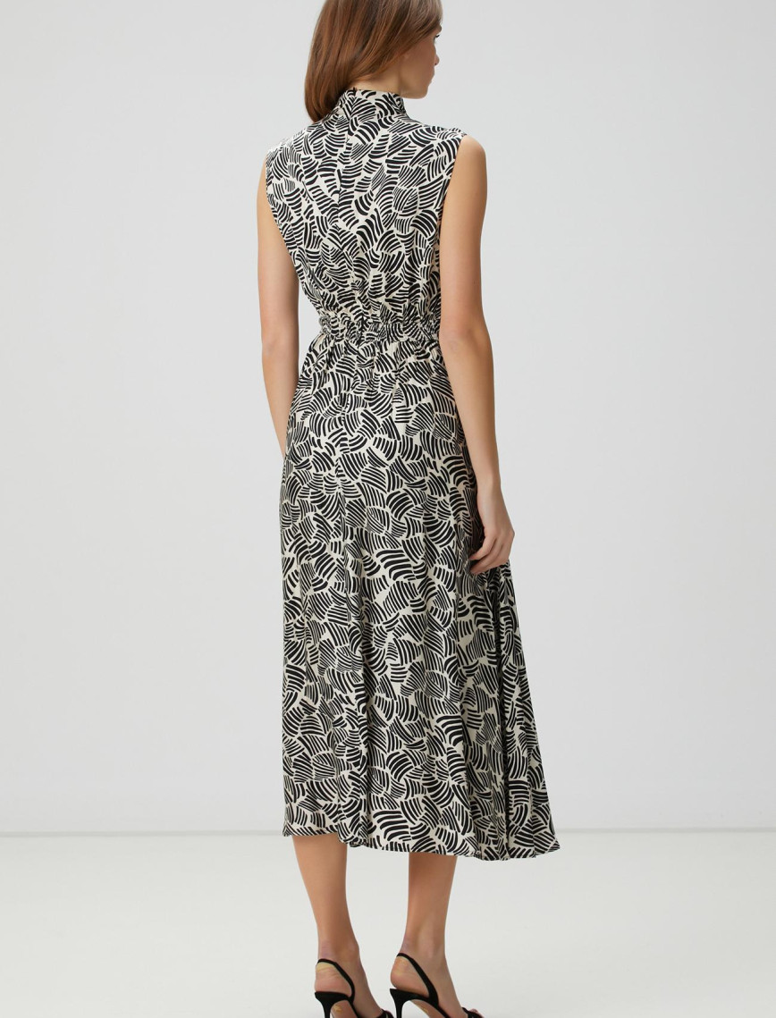Network Kadın Kırık Beyaz Siyah Desenli Midi Elbise