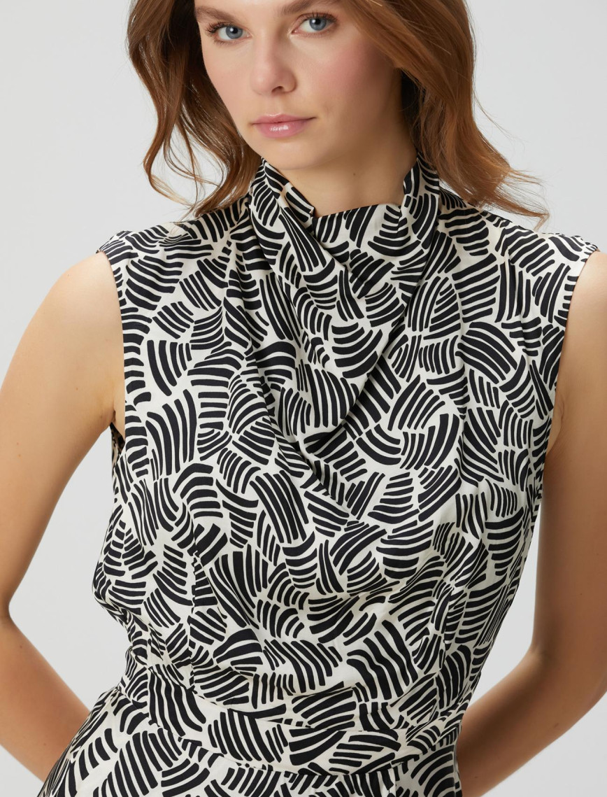 Network Kadın Kırık Beyaz Siyah Desenli Midi Elbise