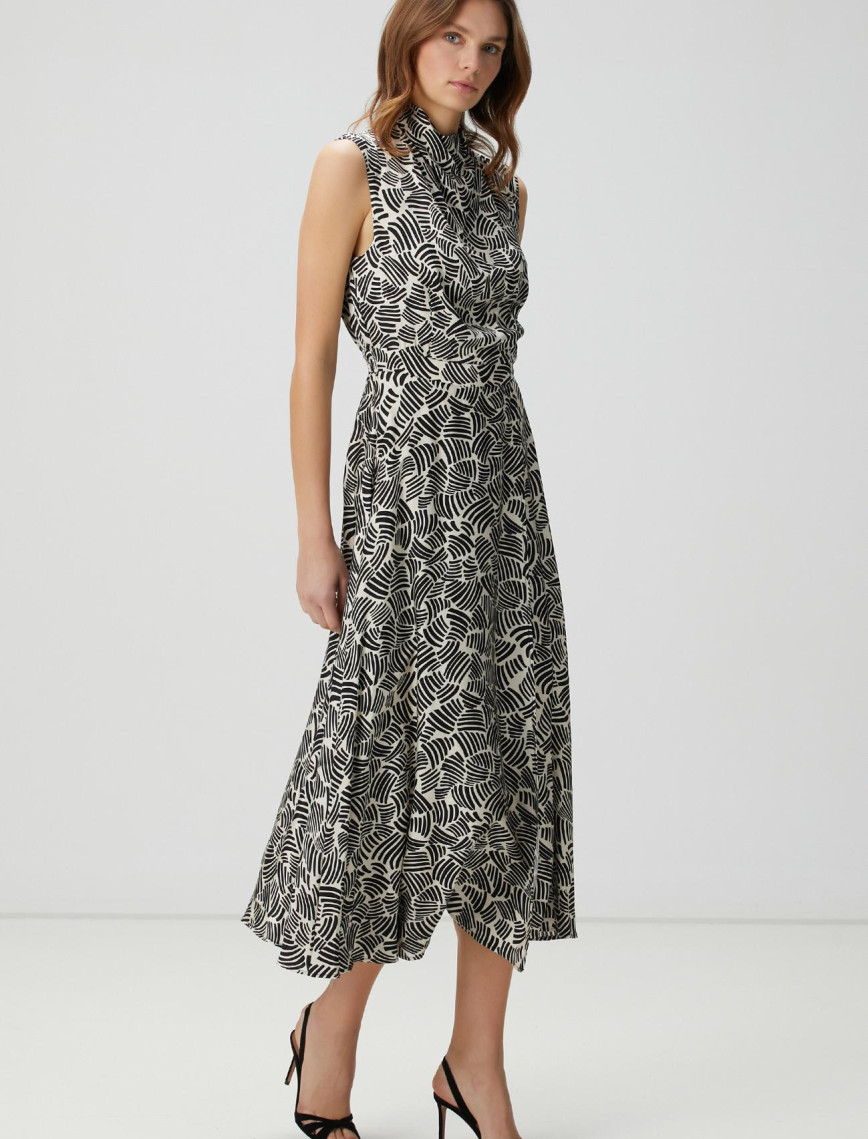 Network Kadın Kırık Beyaz Siyah Desenli Midi Elbise