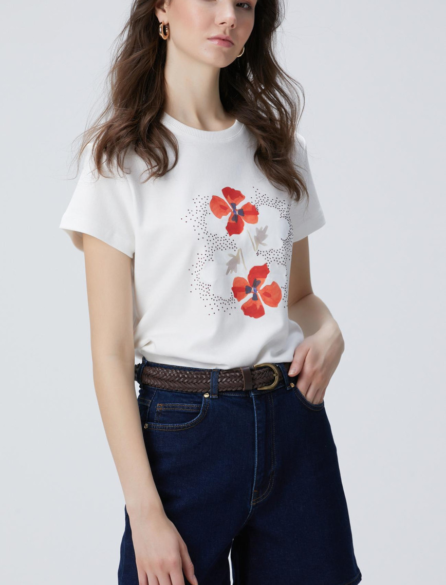 Network Kadın Kırık Beyaz Baskılı T-shirt Network Kadın Kırık Beyaz Baskılı T-shirt