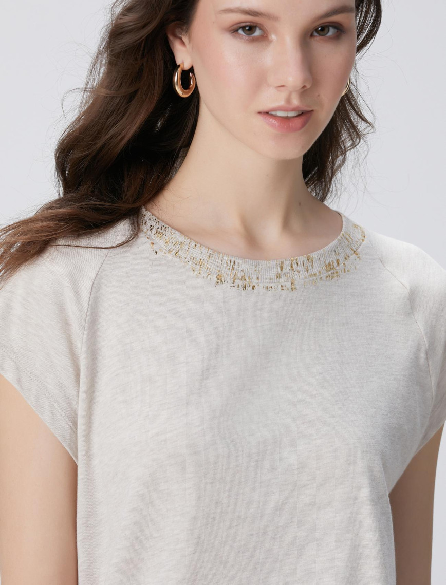 Network Kadın Bej Melanj Varak Baskılı T-shirt