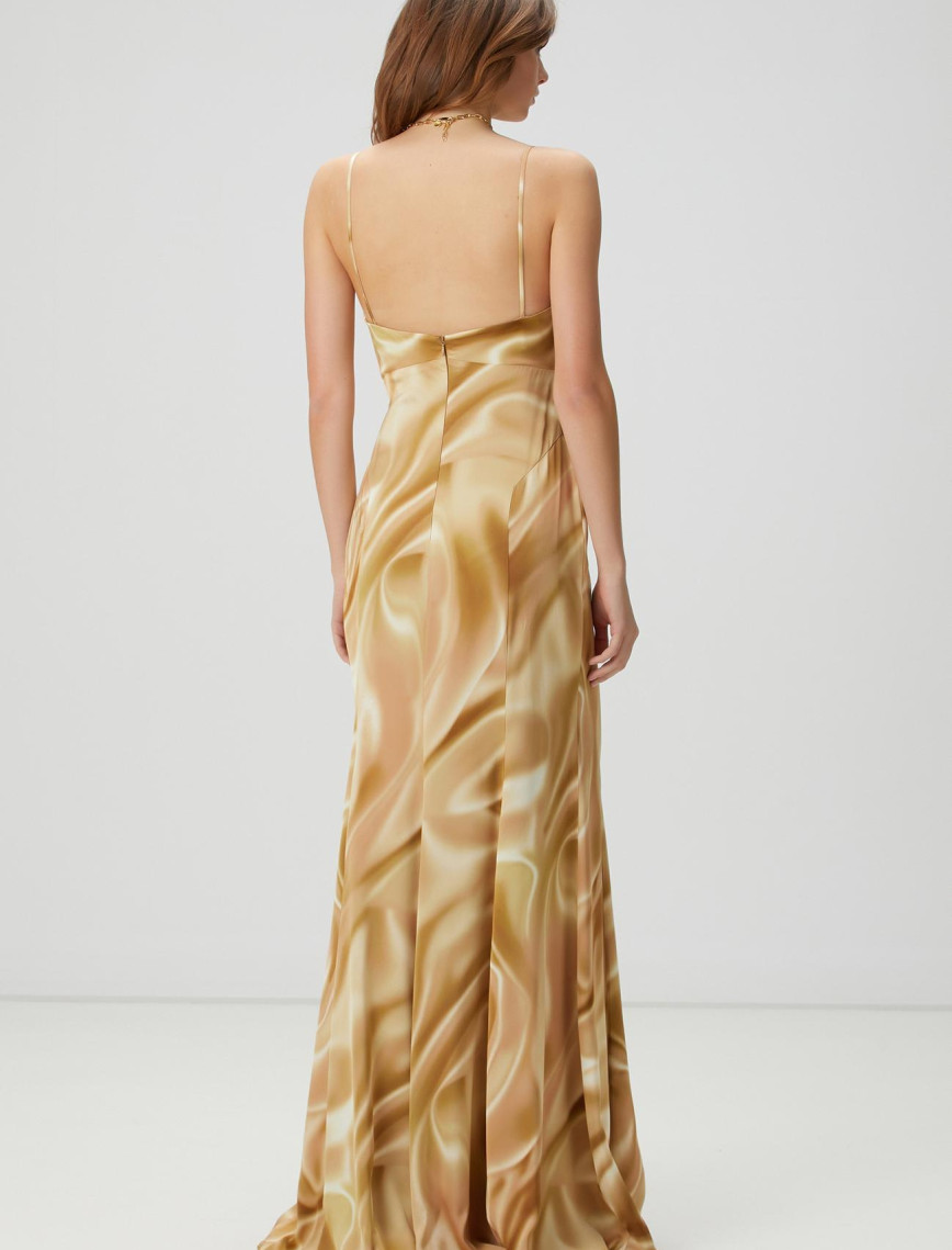 Network Kadın Bej Desenli Maksi Abiye Elbise