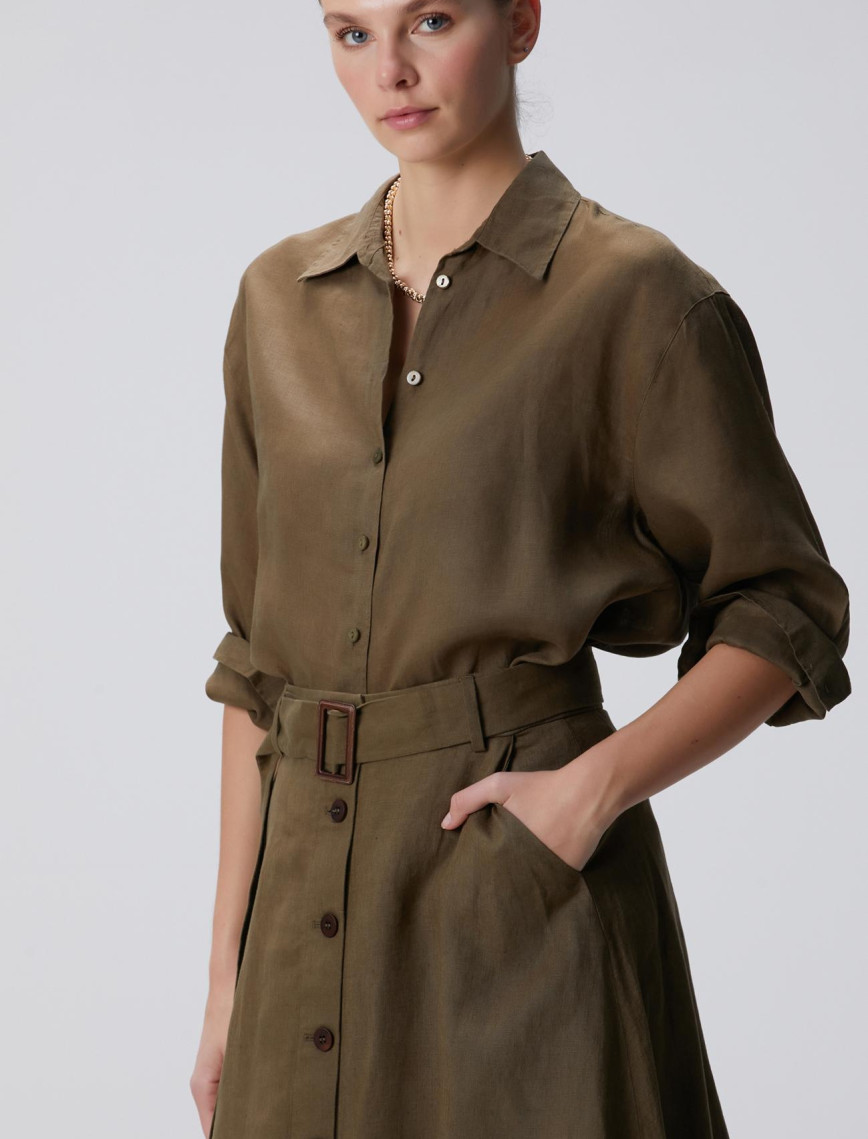 Network Kadın Haki Keten Gömlek