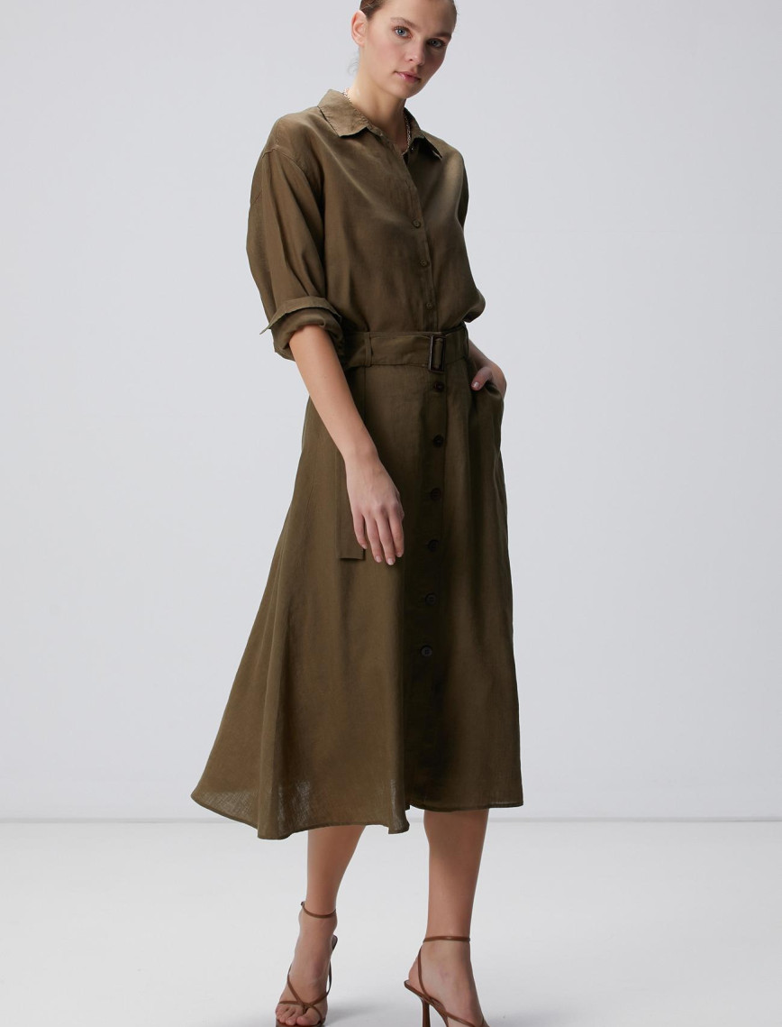 Network Kadın Haki Keten Gömlek