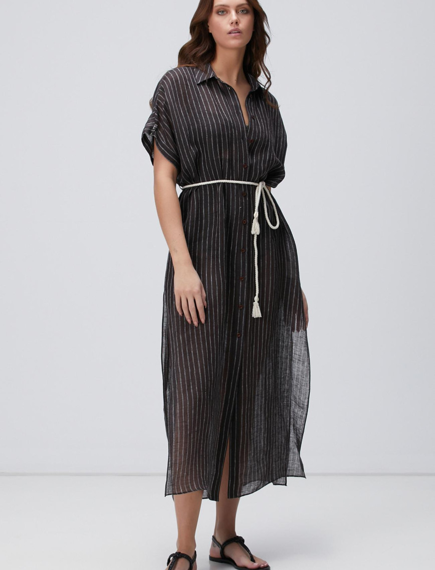 Network Kadın Kahverengi Beyaz Çizgili Keten Maxi Plaj Elbisesi Network Kadın Kahverengi Beyaz Çizgili Keten Maxi Plaj Elbisesi