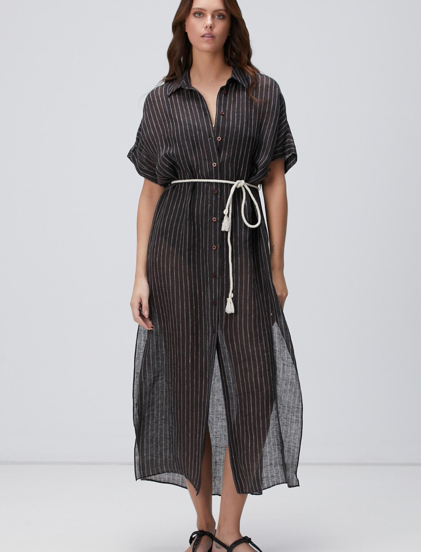 Network Kadın Kahverengi Beyaz Çizgili Keten Maxi Plaj Elbisesi Network Kadın Kahverengi Beyaz Çizgili Keten Maxi Plaj Elbisesi