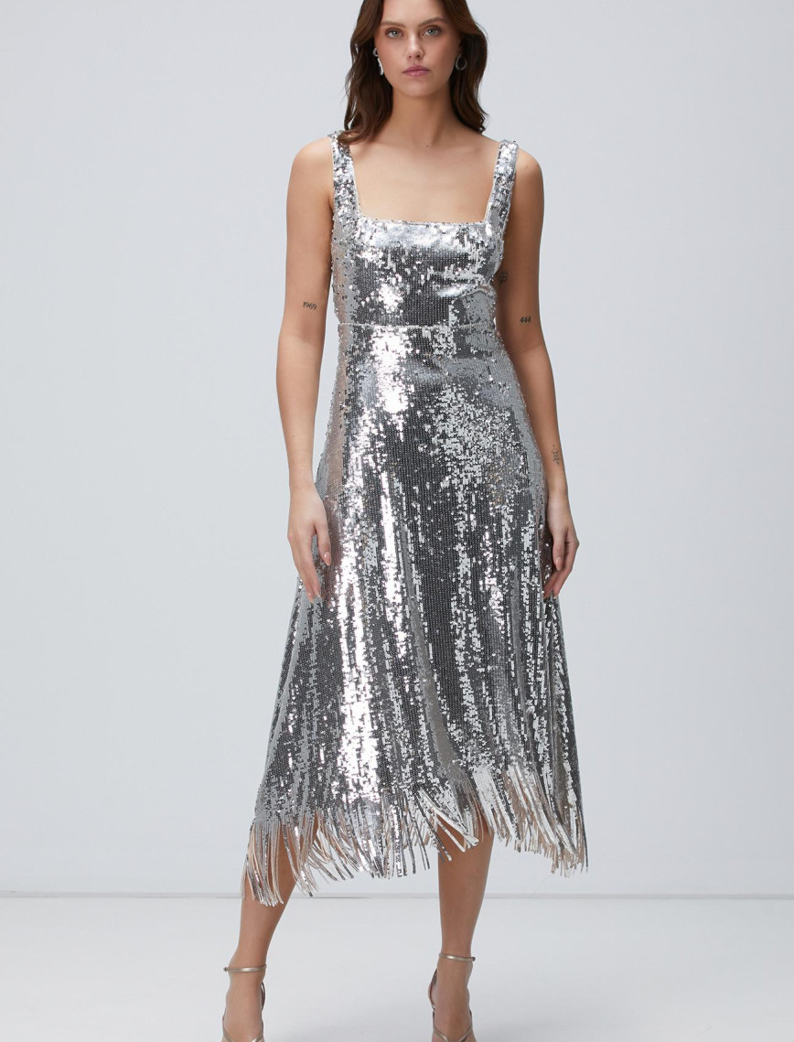 Network Kadın Silver Payetli Midi Abiye Elbise