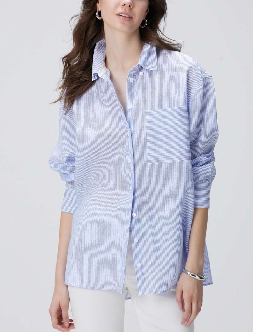 Network Kadın Mavi Beyaz Çizgili Keten Gömlek Network Kadın Mavi Beyaz Çizgili Keten Gömlek