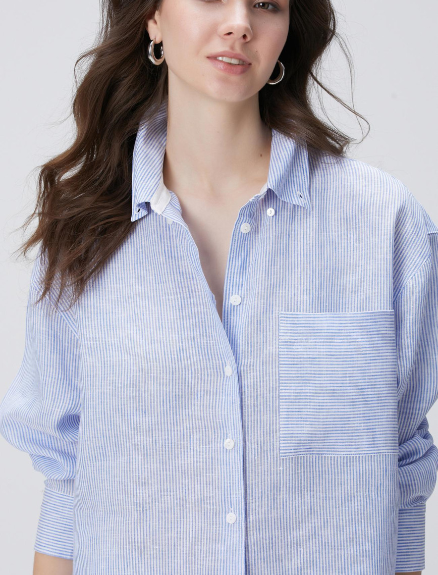 Network Kadın Mavi Beyaz Çizgili Keten Gömlek Network Kadın Mavi Beyaz Çizgili Keten Gömlek