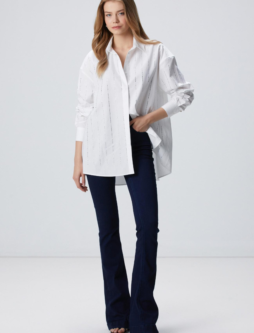 Network Kadın Beyaz Taş Baskılı Gömlek Network Kadın Beyaz Taş Baskılı Gömlek