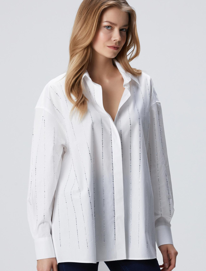 Network Kadın Beyaz Taş Baskılı Gömlek Network Kadın Beyaz Taş Baskılı Gömlek