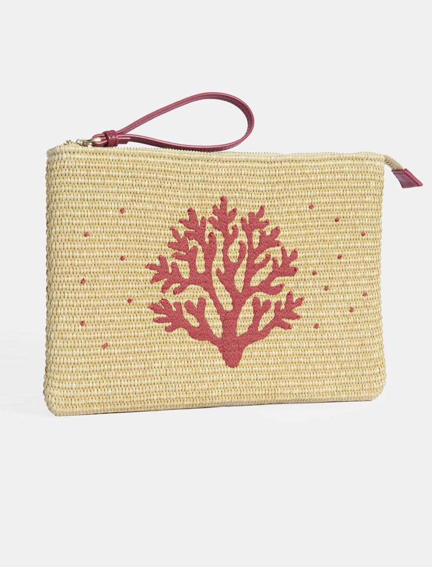Kırmızı Mercan Nakışlı Hasır Clutch Kırmızı Mercan Nakışlı Hasır Clutch