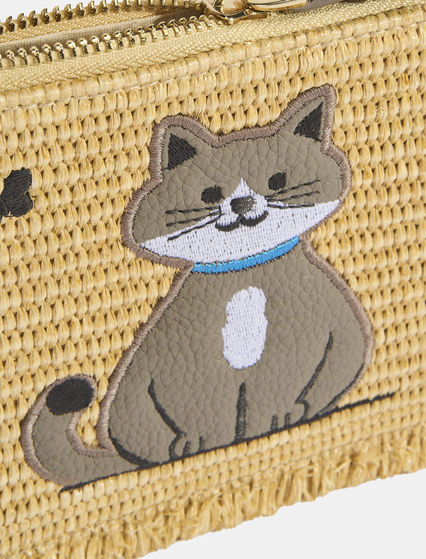 Kadın Gri Kedi Nakışlı Hasır Clutch Kadın Gri Kedi Nakışlı Hasır Clutch