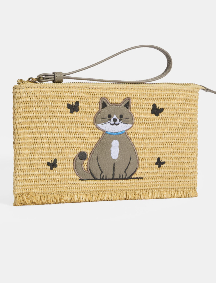 Kadın Gri Kedi Nakışlı Hasır Clutch Kadın Gri Kedi Nakışlı Hasır Clutch