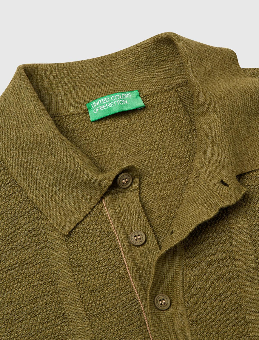 Erkek Haki Keten Karışımlı Kontrastlı Düğmeli Regular Fit Polo Yaka Kazak Erkek Haki Keten Karışımlı Kontrastlı Düğmeli Regular Fit Polo Yaka Kazak