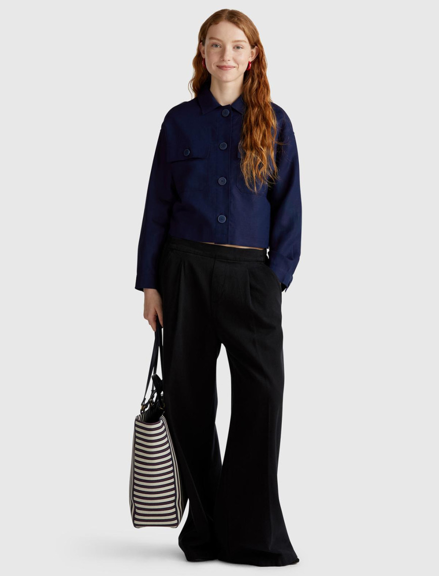 Kadın Lacivert Keten Karışımlı Ceket Kadın Lacivert Keten Karışımlı Ceket