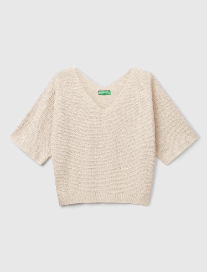 Kadın Taş Rengi Pamuk ve Keten Karışımlı Çizgili Dikişsiz V Yaka Kısa Kollu Üst Kadın Taş Rengi Pamuk ve Keten Karışımlı Çizgili Dikişsiz V Yaka Kısa Kollu Üst